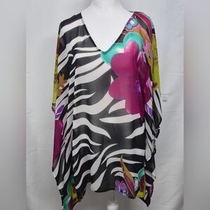 CHICO'S Zebra Floral Tunic Top Women Size S/M Oversized V Neck Batwing Blouse